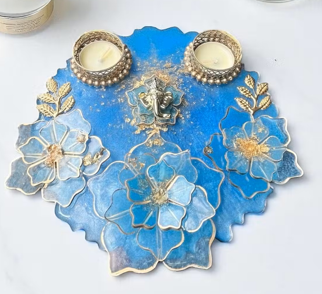 8Inch Decorative Pooja Thali with Tealight Candle Holders & Ganesh Idol | Blue Floral Design | Festive & Home Decor