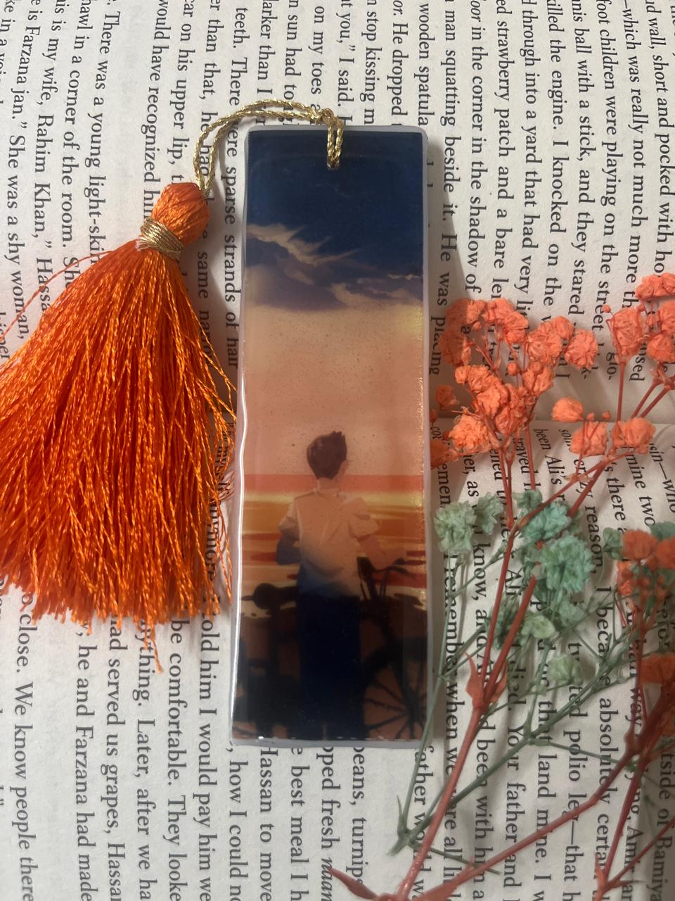 Handmade Decorative Bookmark with Orange Silk Tassel, Navy Blue Resin, Dried Flowers, Book Lover Gift