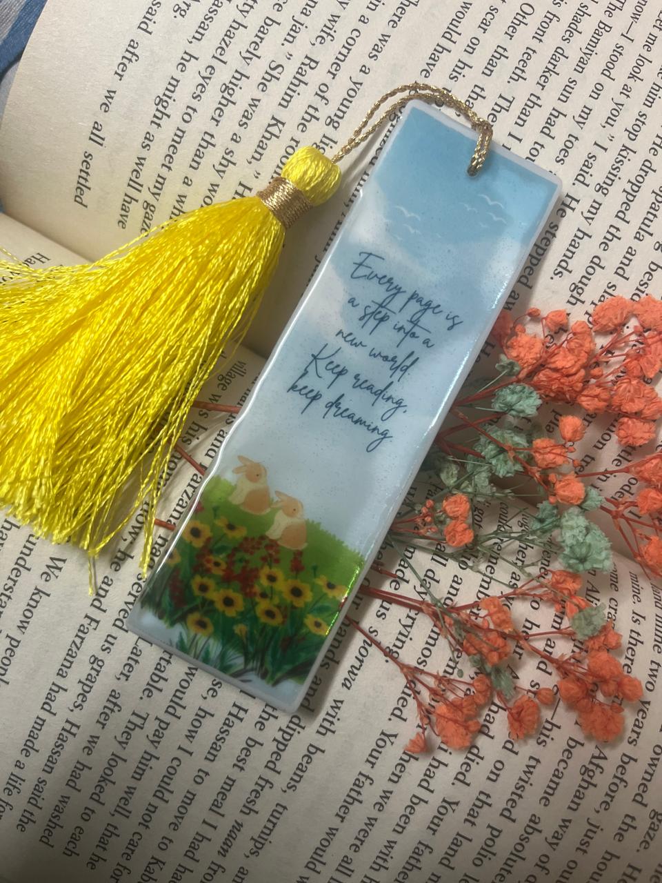 Inspirational Bookmark with Yellow Tassel, Reading Quote, Decorative Book Marker, Blue Background