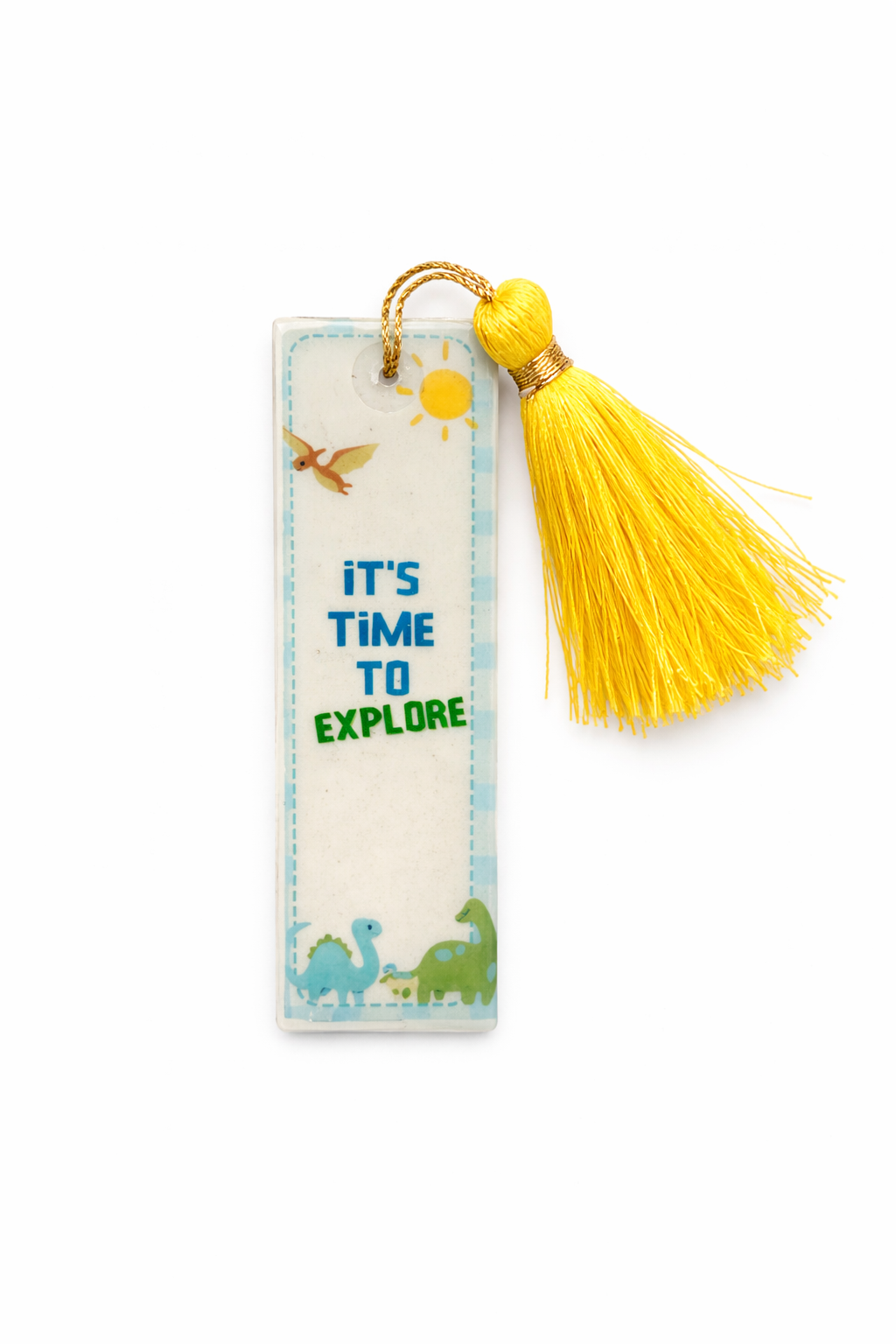 Handmade Resin Kids Bookmark with Tassel | “It’s Time to Explore” Design | Cute Cartoon Bookmark for Children