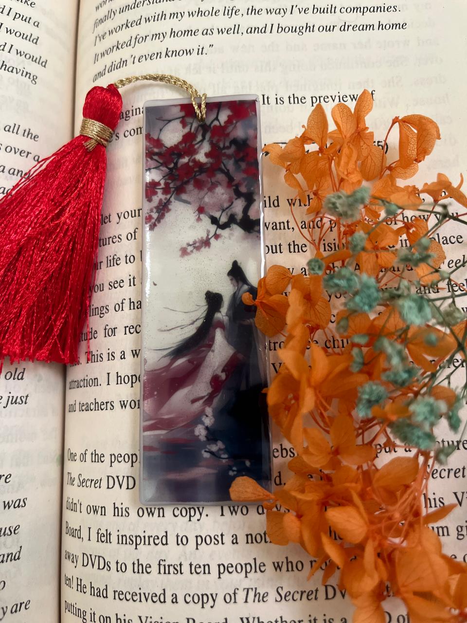 Zen Mind Japanese Bookmark with Red Tassel, Mount Fuji Design, Cherry Blossom Pattern, Clear Resin Material