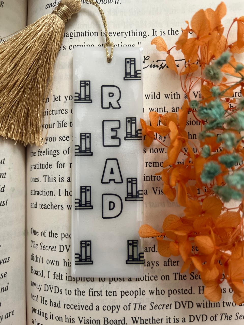 Read Inspirational Word Art Bookmark with Tassel, Clear Acrylic, Orange Floral Design, Motivational Book Accessory