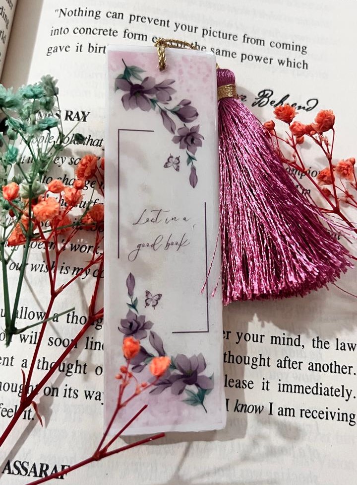 Elegant Floral Bookmark with Purple Butterfly Design, Decorative Book Marker with Pink Silk Tassel, Lost in a Good Book Quote