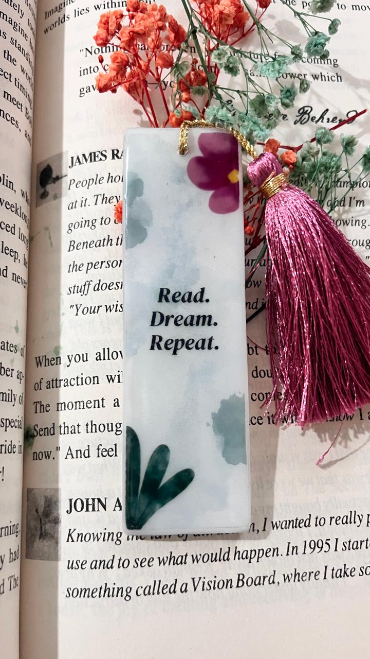 Inspirational Resin Bookmark with Floral Design, Pink Tassel, Read Dream Repeat Quote, Gold Accent, Decorative Book Marker for Reading and Gifting