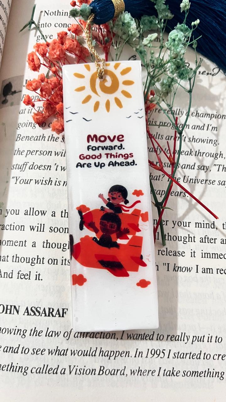 product  Inspirational Bookmark with Navy Blue Tassel, Motivational Message, Sun Design, Move Forward Quote, Decorative Illustration, Perfect for Books