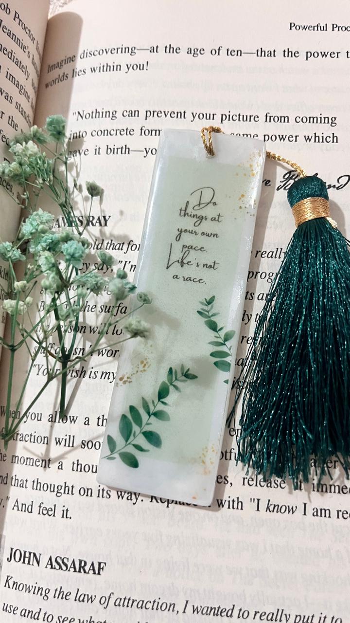 Inspirational Bookmark with Tassel, Green Botanical Design, 'Do Things at Your Own Pace' Quote, Decorative Book Marker