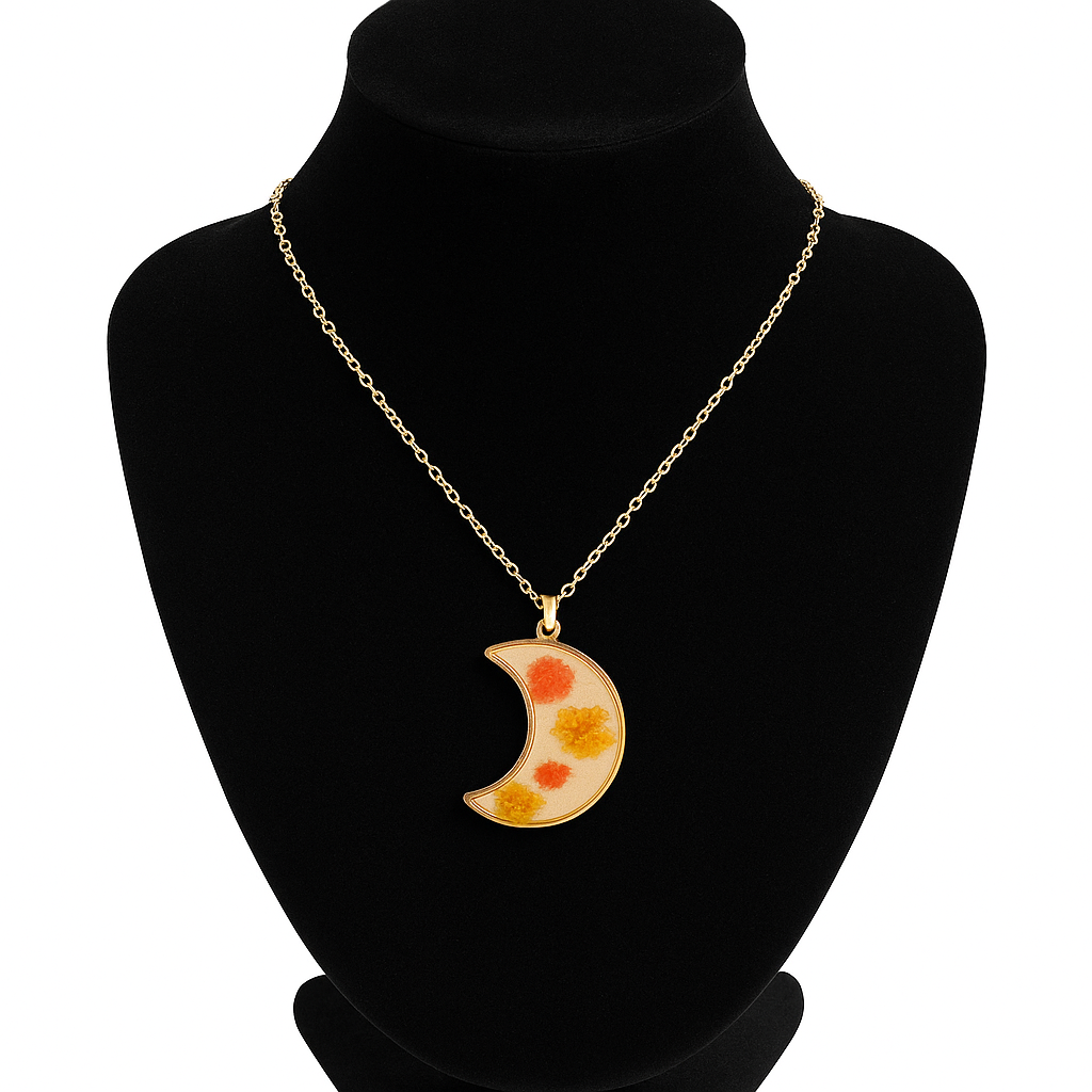 Crescent Moon Pendant Necklace with Real Dried Flowers – Elegant Handmade Jewelry for Women & Girls