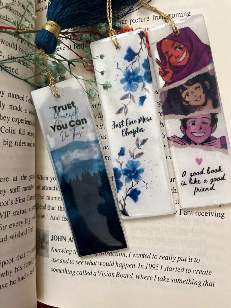 Handmade Bookmarks Set with Floral Design, Decorative Book Markers with Tassels, 'Just One More Chapter' Quote, The Tale of Midnight Prince Theme, Blue Flowers and Artwork