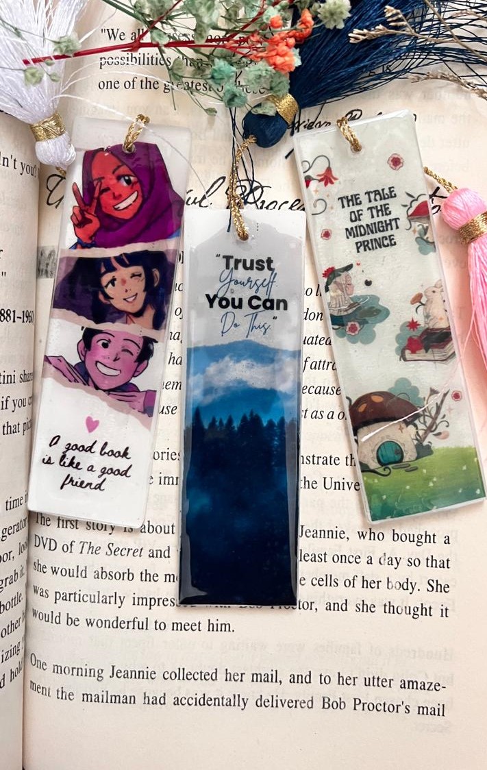 Handmade Bookmarks Set with Floral Design, Decorative Book Markers with Tassels, 'Just One More Chapter' Quote, The Tale of Midnight Prince Theme, Blue Flowers and Artwork