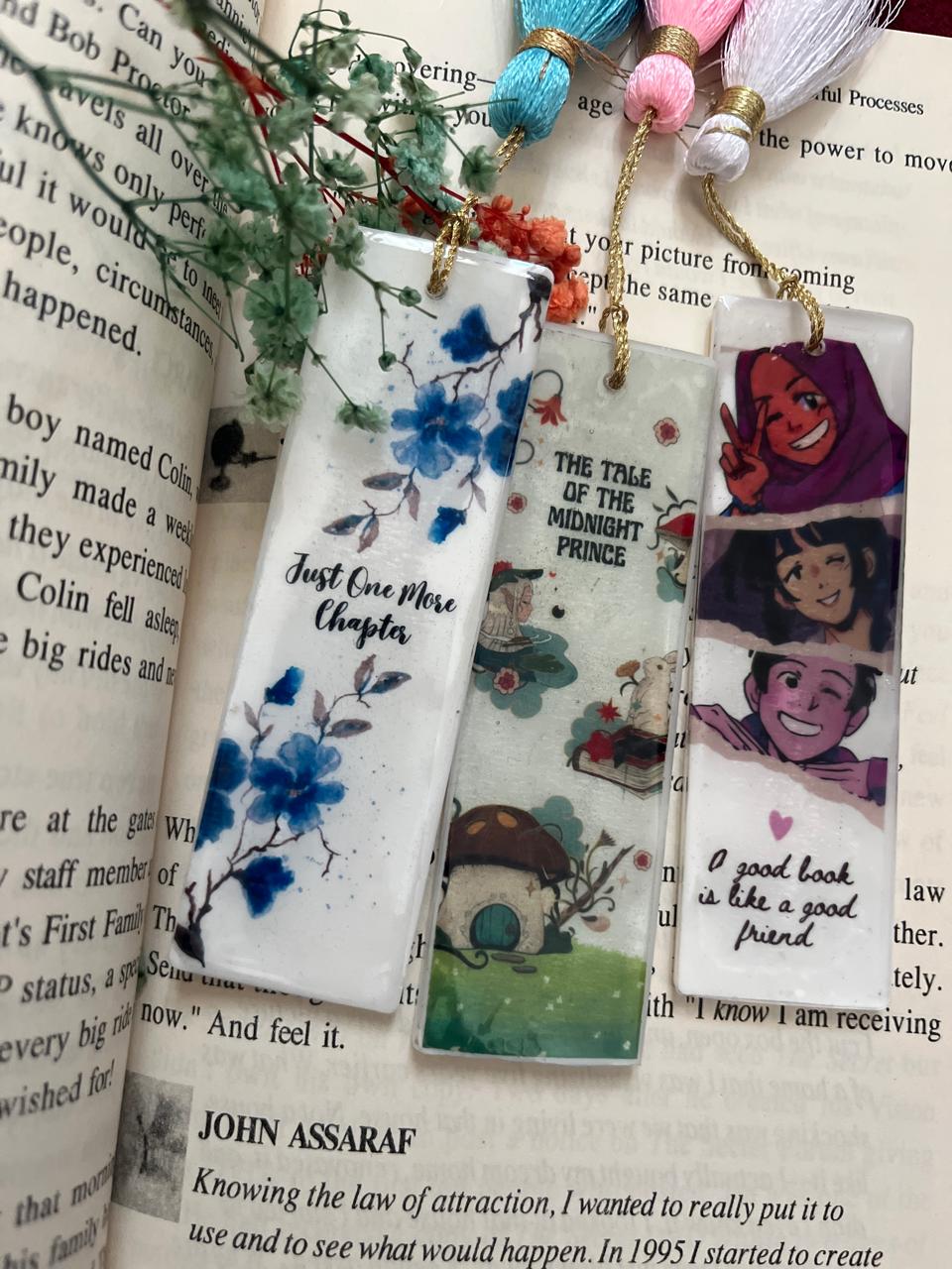 Handmade Bookmarks Set with Floral Design, Decorative Book Markers with Tassels, 'Just One More Chapter' Quote, The Tale of Midnight Prince Theme, Blue Flowers and Artwork