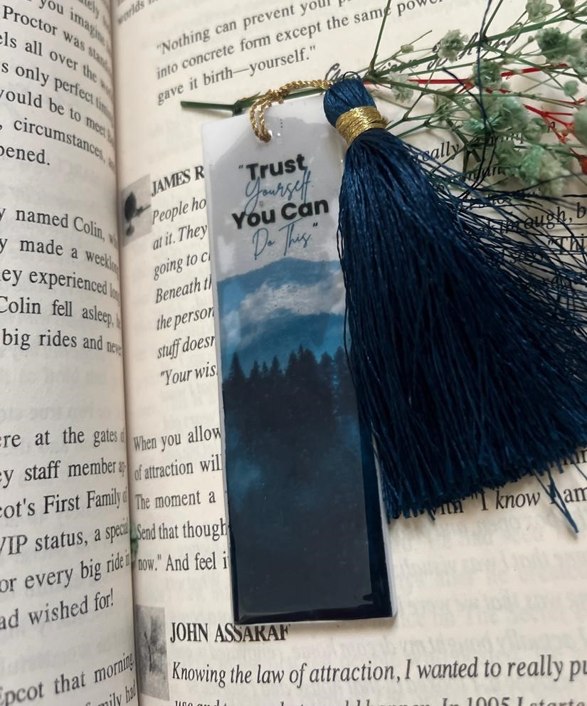 Inspirational Bookmark Set with Navy Blue Tassels, Trust Yourself Motivational Quotes, Forest Scene Design, Book Lovers Gift