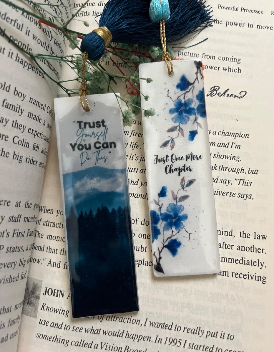 Inspirational Bookmark Set with Blue Floral Design, Navy Tassel, Gold Chain, Motivational Quotes 'Trust Yourself', 'You Can', 'Just One More Chapter'