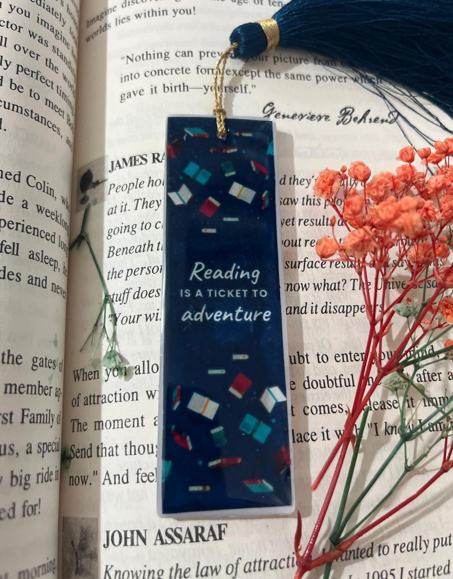 Literary Bookmarks Handcrafted Navy Blue Resin Bookmark with Flying Books Pattern, Gold Tassel, Reading Adventure Quote, Book Lover Gift