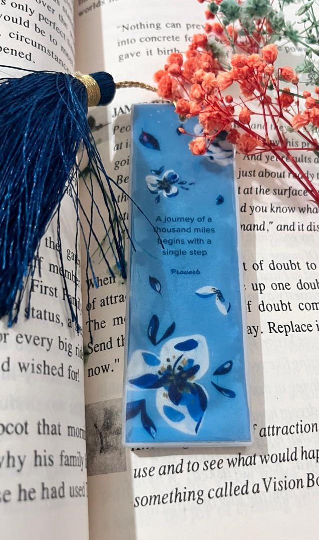 Inspirational Blue Floral Bookmark with Journey Quote, Navy Tassel, Gold Accents, Decorative Book Marker for Book Lovers, Reading Enthusiasts