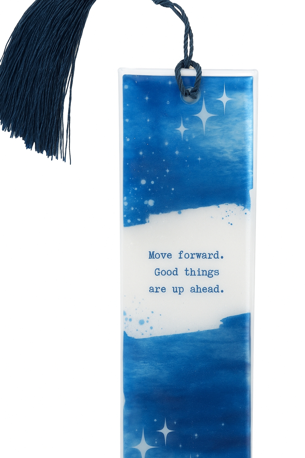 Handmade Blue Resin Bookmark with Inspirational Quote & Tassel | Aesthetic Gift for Book Lovers and Students