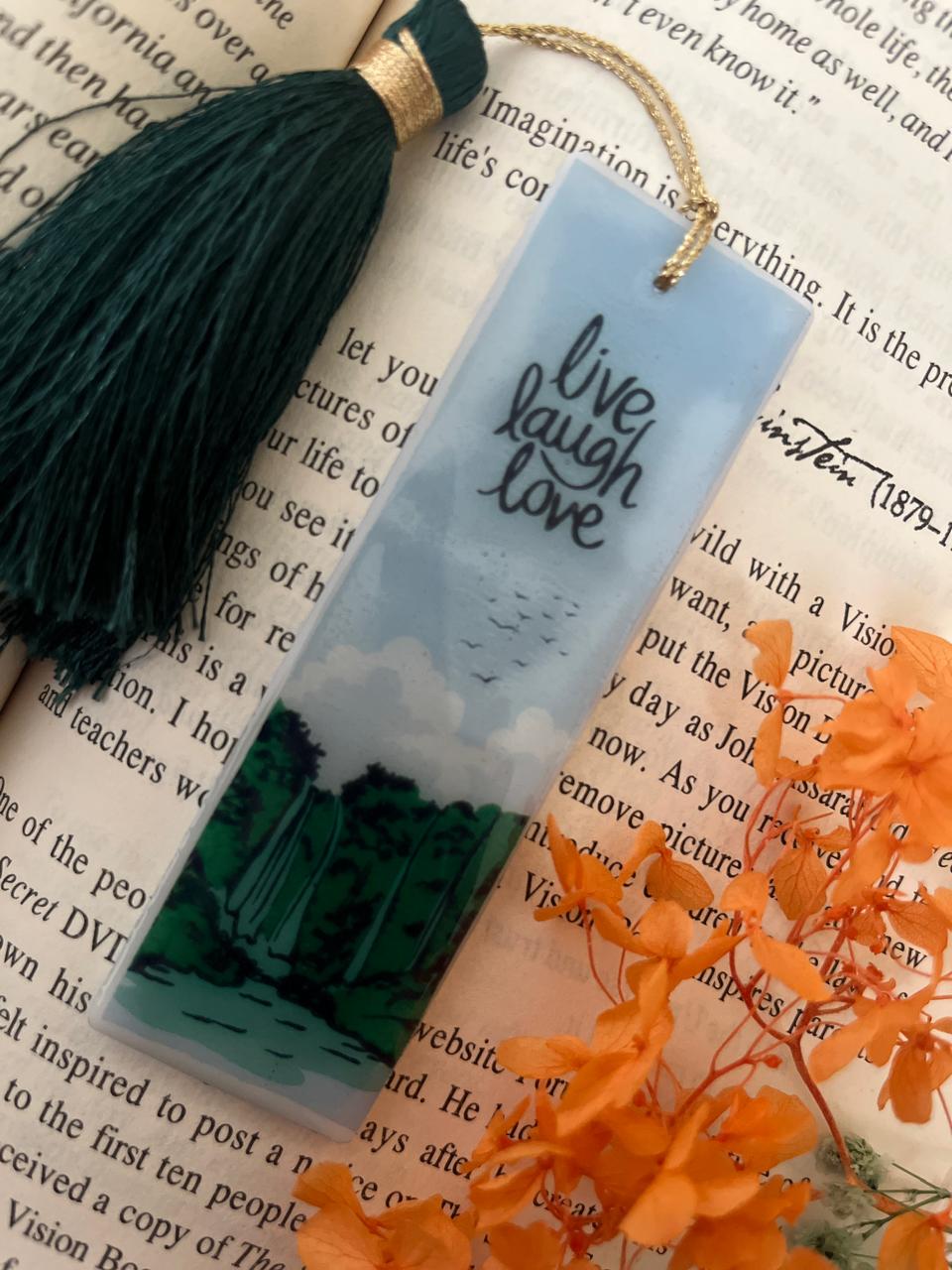 Inspirational Bookmark with Black Tassel, Live Laugh Love Design, Blue Watercolor Background, Gold Accent, Reading Accessory