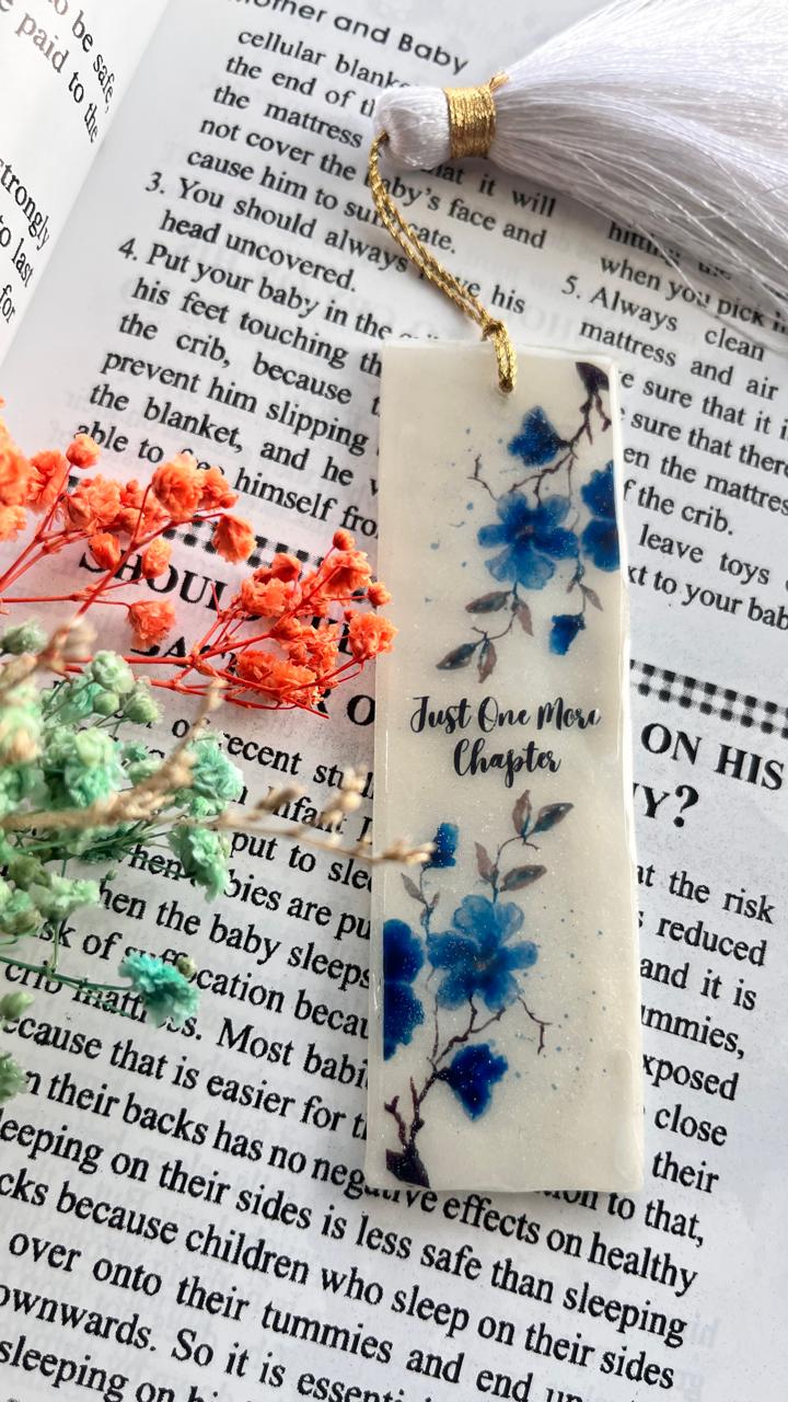 Handmade Floral Bookmark with Blue Flowers, White Tassel, Just One More Chapter Design, Book Lover Gift
