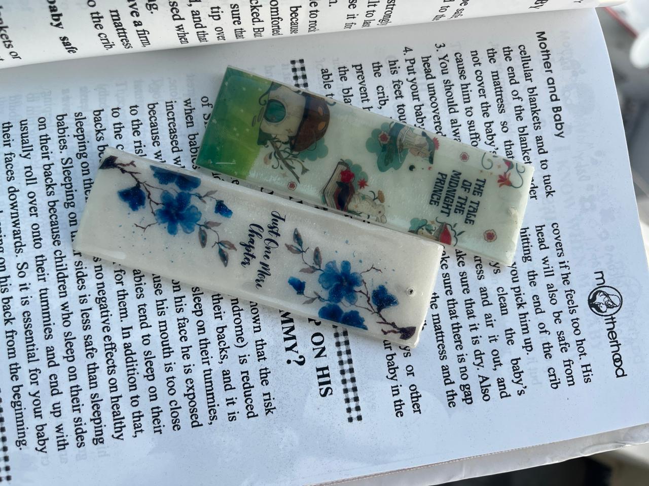 Combo Floral Acrylic Bookmark with Blue Flowers, The Tale of The Midnight Prince Design, Just One More Chapter Quote, Decorative Book Accessory