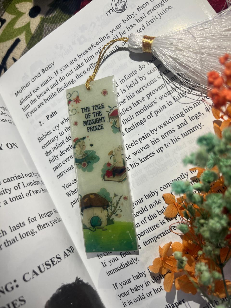 The Tale of The Midnight Prince Vintage Bookmark, Decorative Book Page Marker with White Tassel, Gold Cord, Illustrated Design