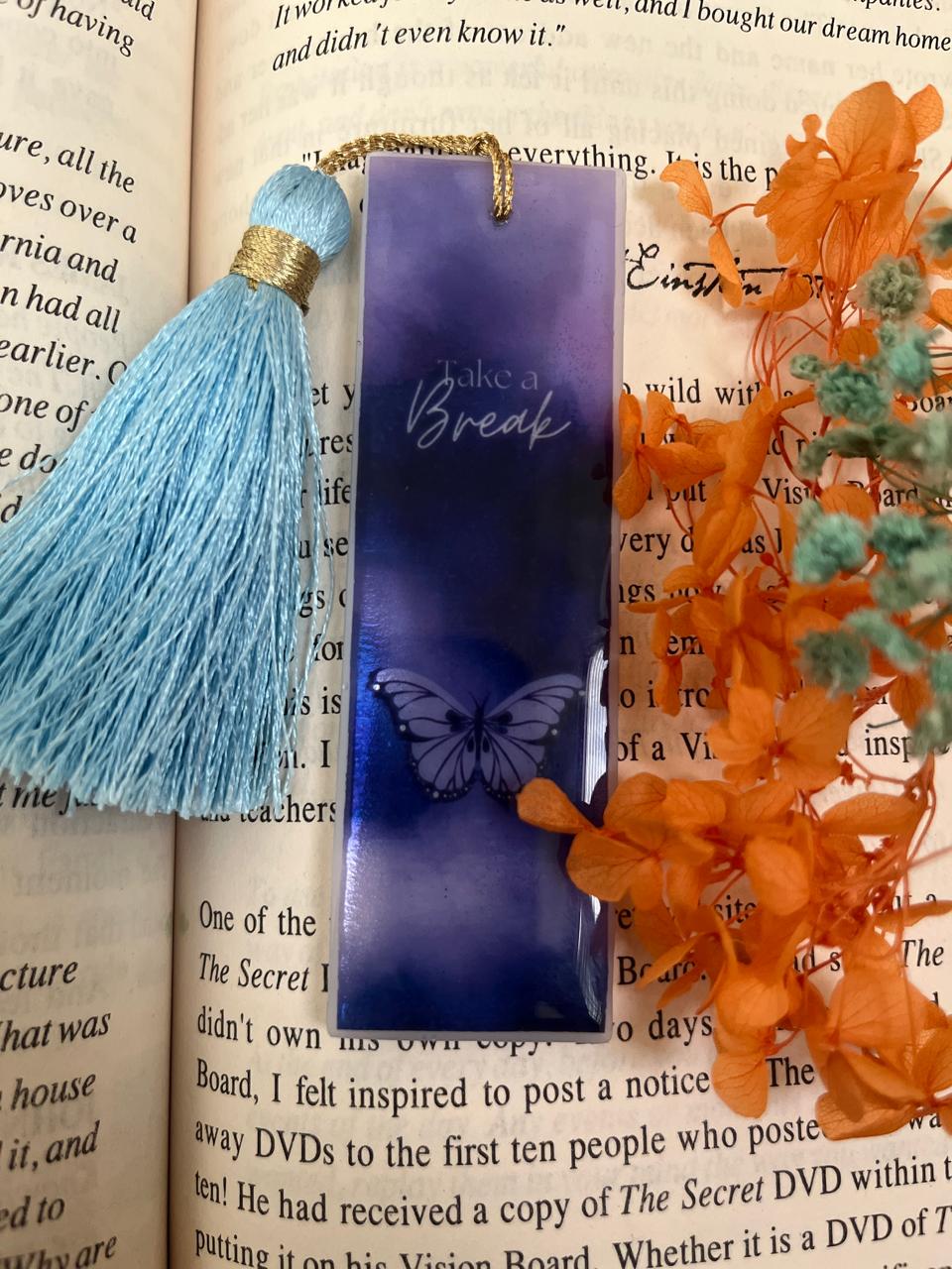 Inspirational Bookmark with Butterfly Design, Purple Acrylic, Blue Tassel, Take a Break Message, Decorative Book Marker