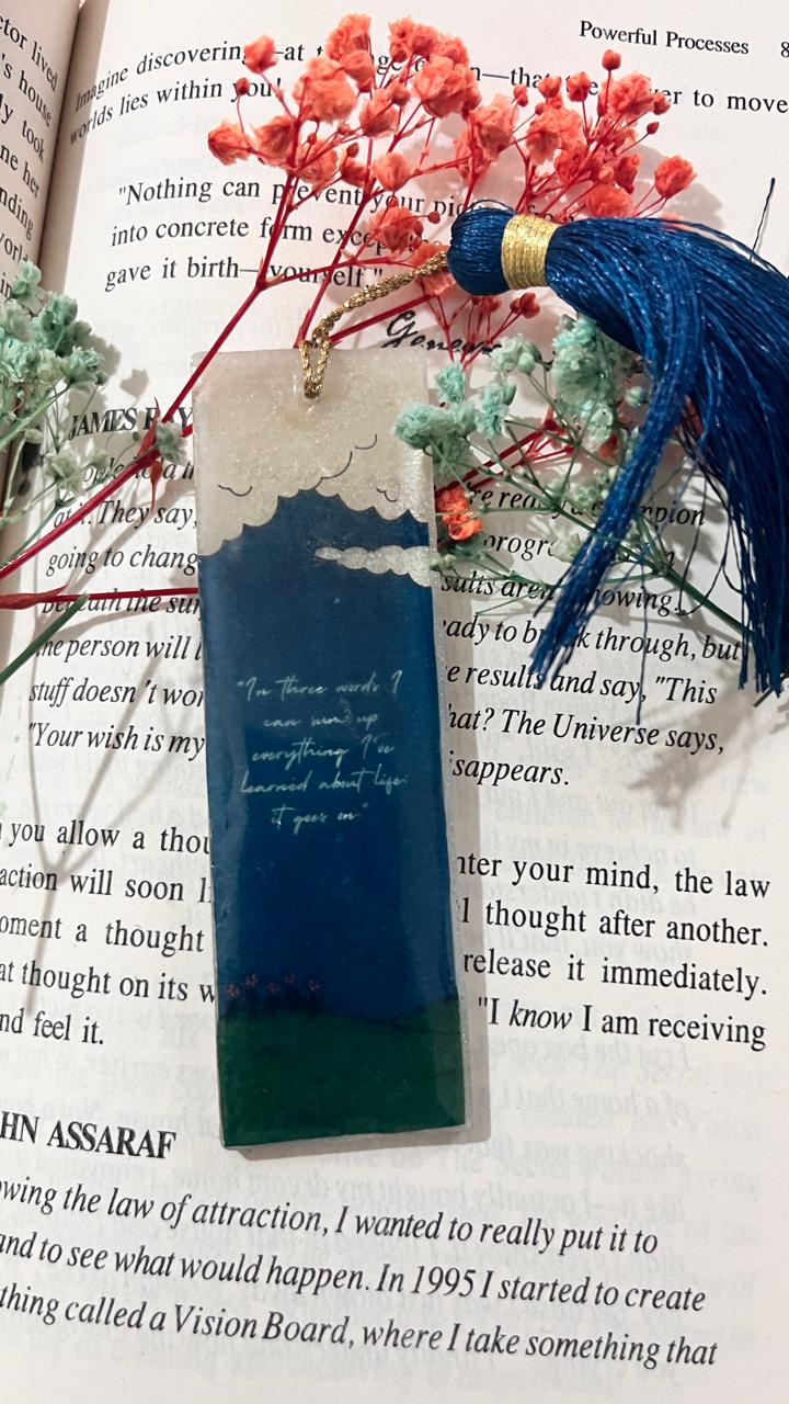 Handcrafted Decorative Bookmark Set with Glass Pendant, Blue Silk Tassel