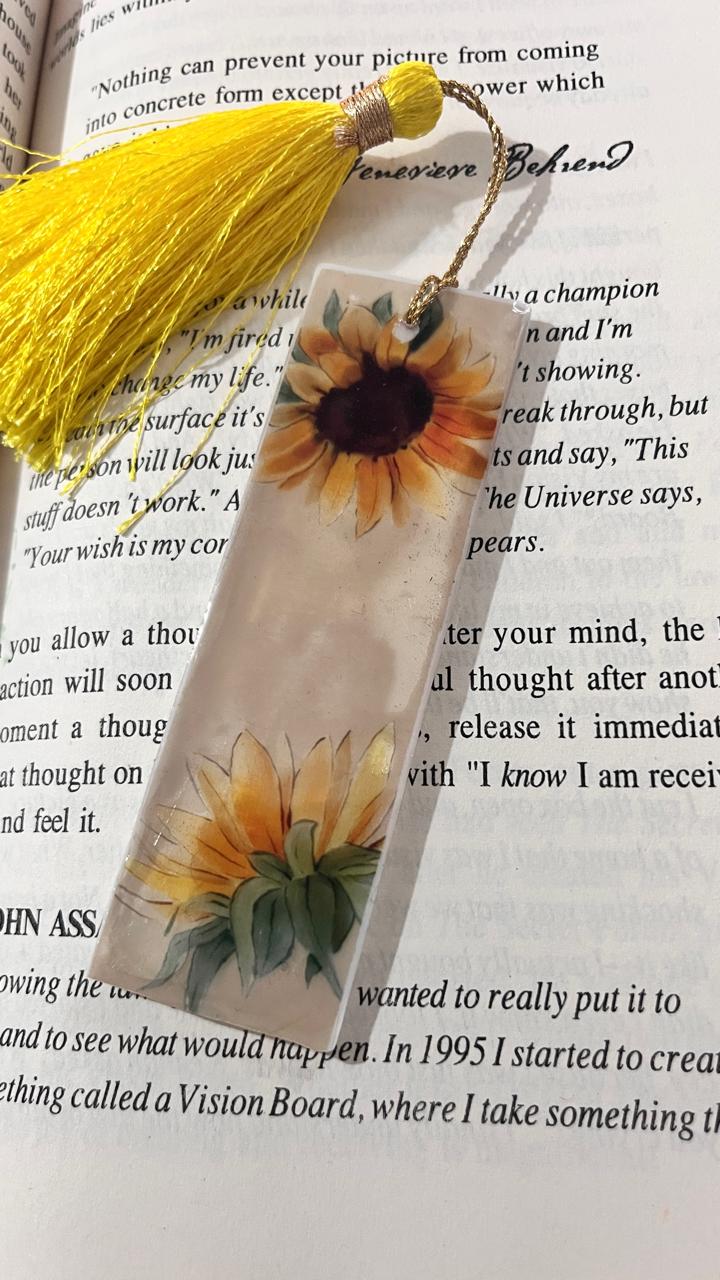 Handmade Resin Bookmark with Pressed Sunflower Design, Clear Acrylic with Gold Trim, Yellow Silk Tassel for Reading Enthusiasts