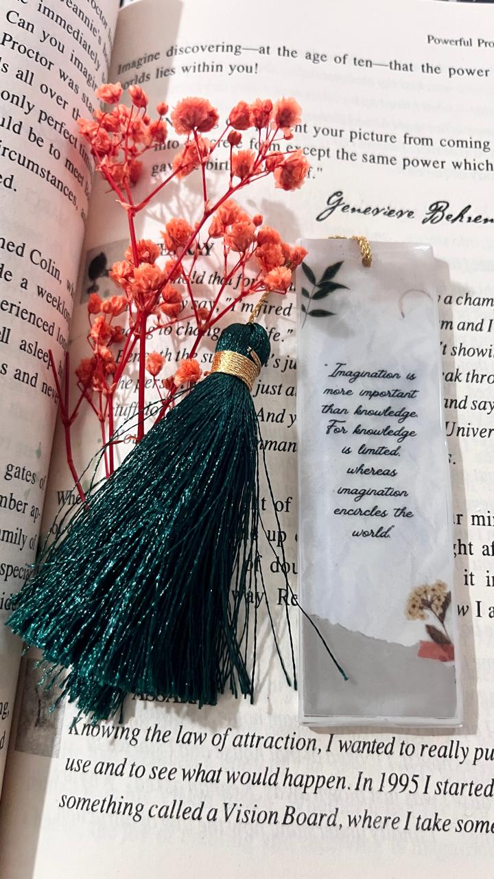 Handcrafted Resin Bookmark with Emerald Green Silk Tassel, Inspirational Quote, Gold Trim, Clear Crystal Finish, Dried Flower Design