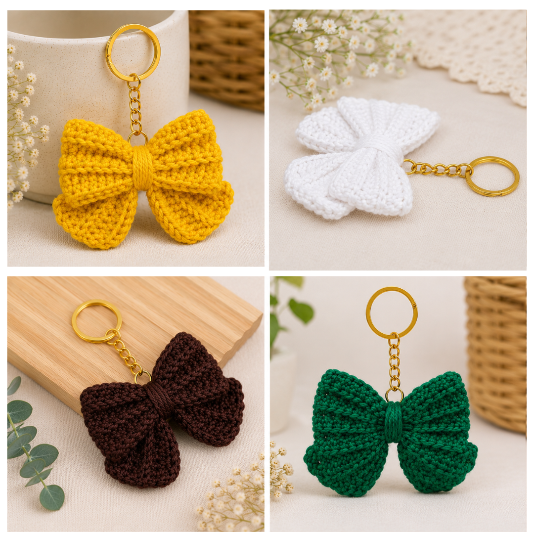 Handmade Crochet Bow Keychain | Cotton Yarn Bow Key Ring | Cute Bag Charm | Soft Knitted Keychain | Gift for Women & Girls | Pack of 4