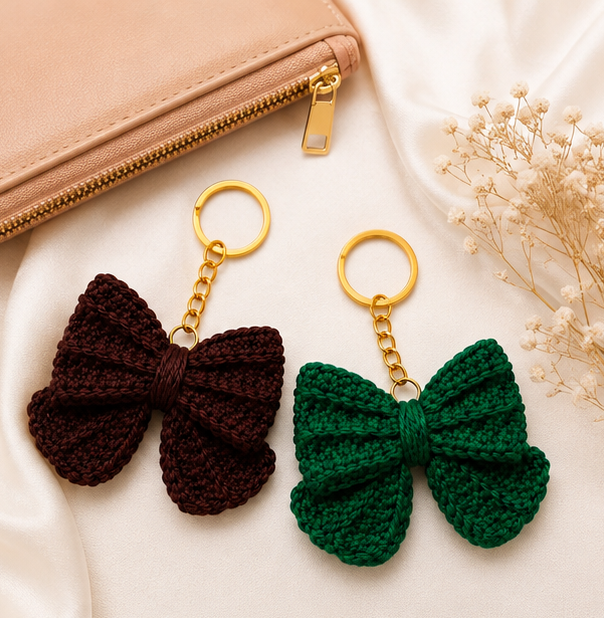 Handmade Crochet Bow Keychain Set | Cute Cotton Yarn Bow Key Ring | Bag Charm Accessory for Women & Girls | Brown & Green | Pack of 2