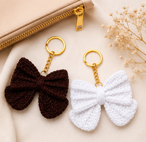 Handmade Crochet Bow Keychain Set | Cute Cotton Yarn Bow Key Ring | Bag Charm Accessory for Women & Girls| Pack of 2