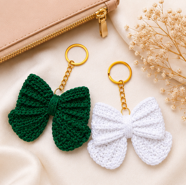 Handmade Crochet Bow Keychain Set | Cute Cotton Yarn Bow Key Ring | Bag Charm Accessory for Women & Girls | Pack of 2