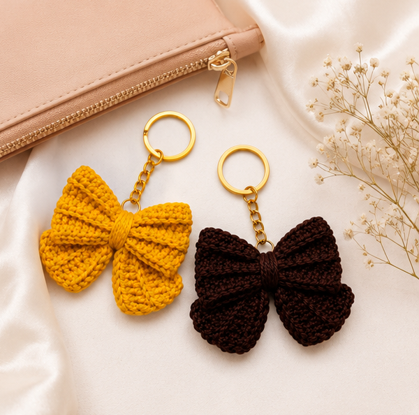 Handmade Crochet Bow Keychain Set | Cute Cotton Yarn Bow Key Ring | Bag Charm Accessory for Women & Girls | Pack of 2