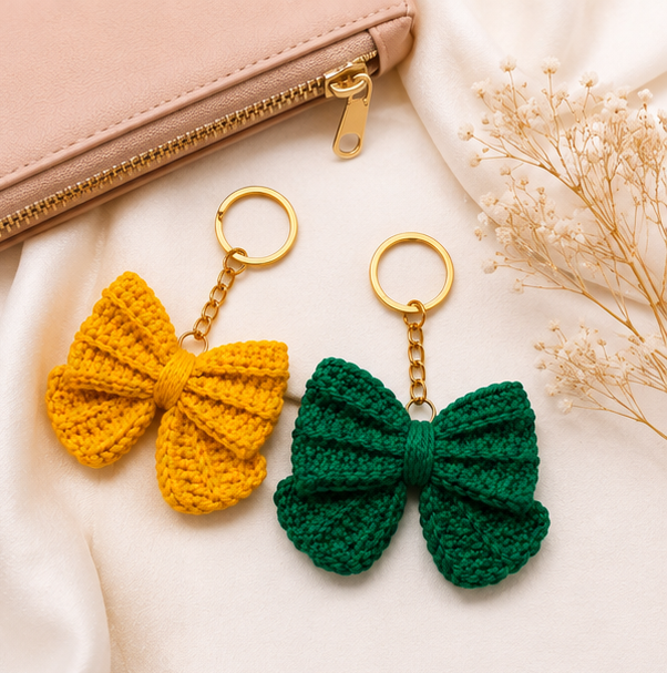 Handmade Crochet Bow Keychain Set | Cute Cotton Yarn Bow Key Ring | Bag Charm Accessory for Women & Girls | Pack of 2