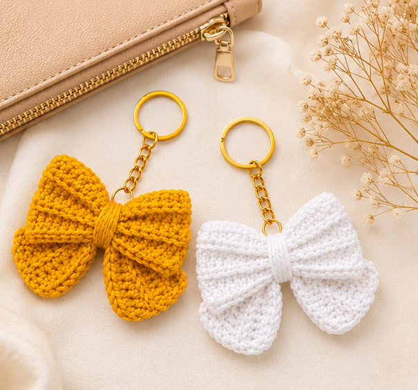 Handmade Crochet Bow Keychain Set | Cute Cotton Yarn Bow Key Ring | Bag Charm Accessory for Women & Girls | Pack of 2
