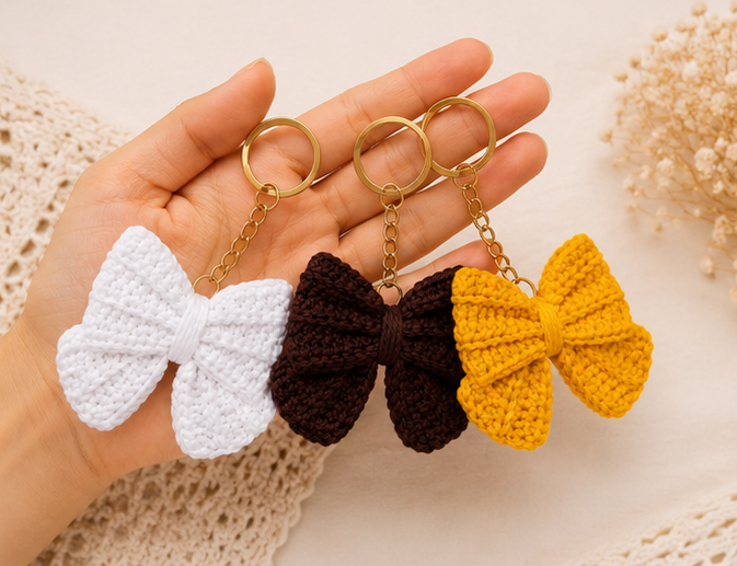 Handmade Crochet Bow Keychain Set | Cotton Yarn Bow Key Ring | Cute Bag Charm for Women & Girls |  Pack of 3