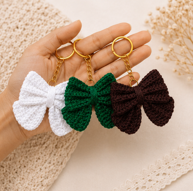 Handmade Crochet Bow Keychain Set | Cotton Yarn Bow Key Ring | Cute Bag Charm for Women & Girls | Pack of 3