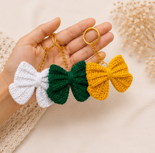 Handmade Crochet Bow Keychain Set | Cotton Yarn Bow Key Ring | Cute Bag Charm for Women & Girls  | Pack of 3