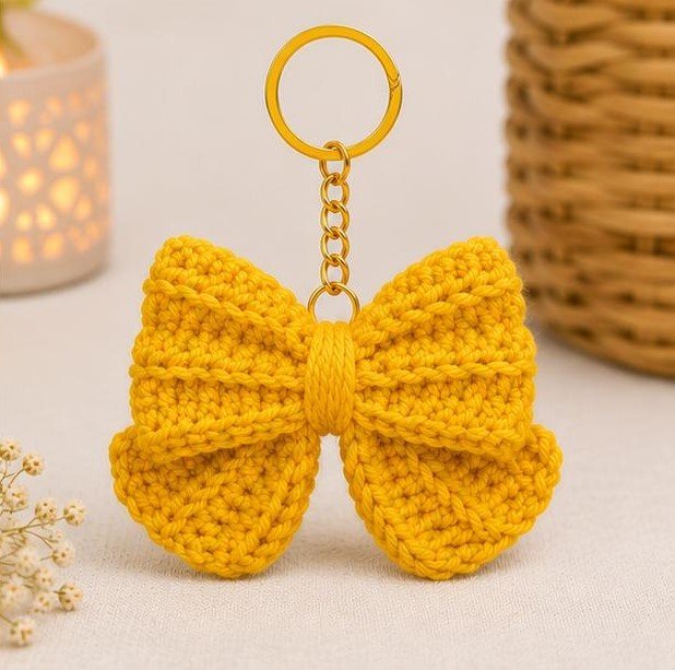 Handmade Crochet Yellow Bow Keychain | Cotton Yarn Bow Key Ring | Cute Bag Charm for Women & Girls | Knitted Bow Accessory