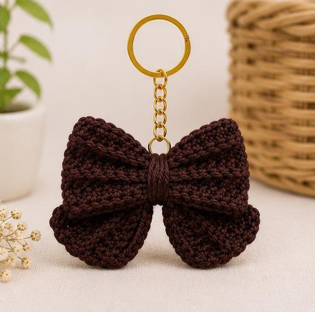 Handmade Crochet Yellow Bow Keychain | Cotton Yarn Bow Key Ring | Cute Bag Charm for Women & Girls | Knitted Bow Accessory