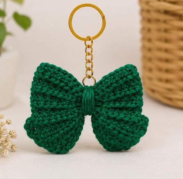 Handmade Crochet Yellow Bow Keychain | Cotton Yarn Bow Key Ring | Cute Bag Charm for Women & Girls | Knitted Bow Accessory