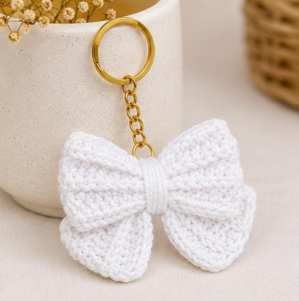 Handmade Crochet Yellow Bow Keychain | Cotton Yarn Bow Key Ring | Cute Bag Charm for Women & Girls | Knitted Bow Accessory