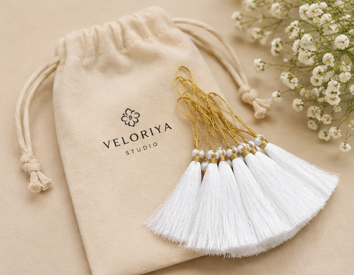 White Silk Tassel with Golden Loop | Decorative Handmade Tassel for Saree, Curtains, Pouches, Bags & Craft Projects | Elegant Tassel Accessories | Pack of 12