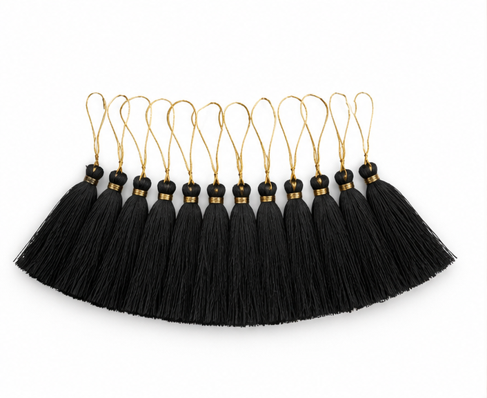 Black Silk Tassel with Golden Loop | Decorative Handmade Tassel for Saree, Curtains, Pouches, Bags & DIY Crafts | Elegant Tassel Accessories | pack of 12