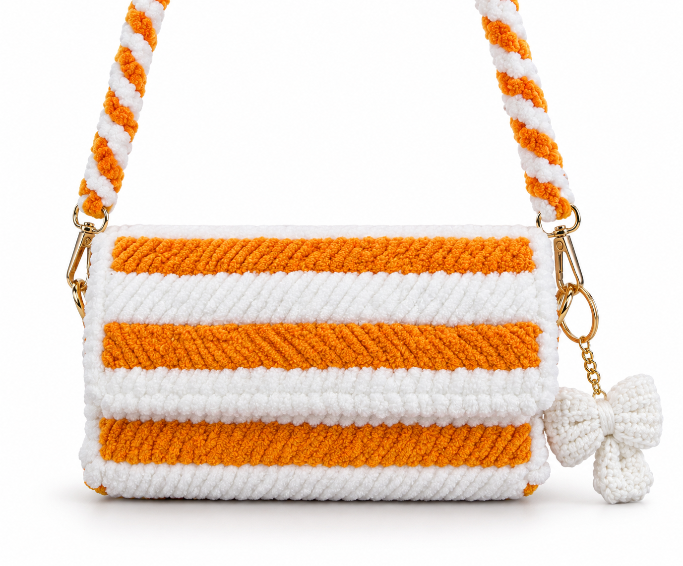 Handmade Crochet Sling Handbag for Women | Stylish Knitted Shoulder Bag with Adjustable Strap & Bow Charm | Lightweight Casual Handbag for Girls